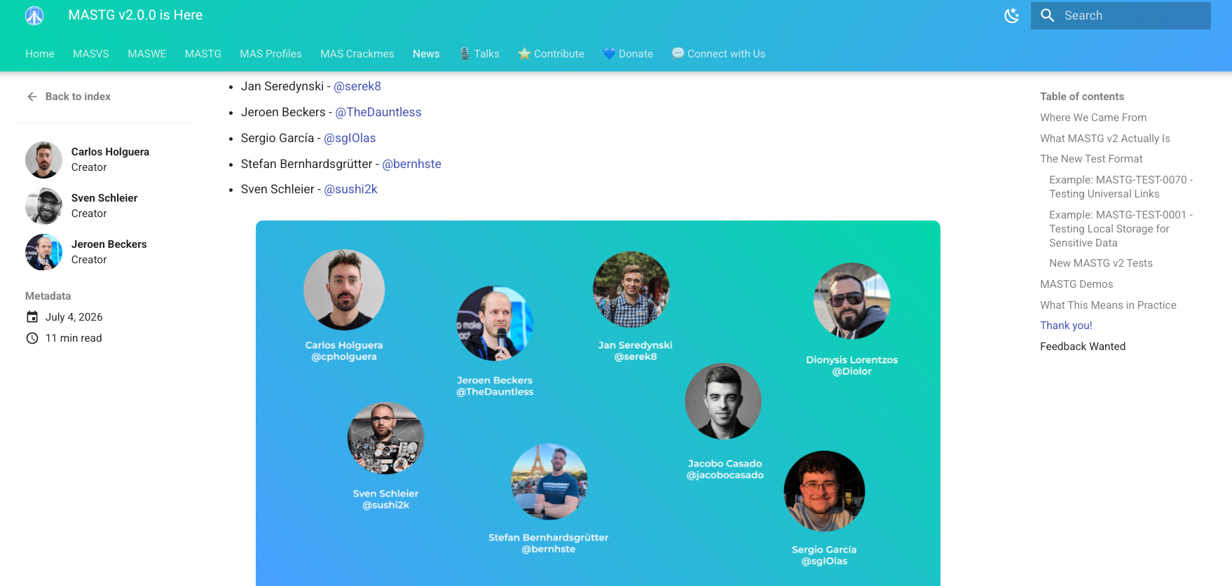 Jacobo Casado and the other contributors recognized in the MASTG v2.0.0 release post.