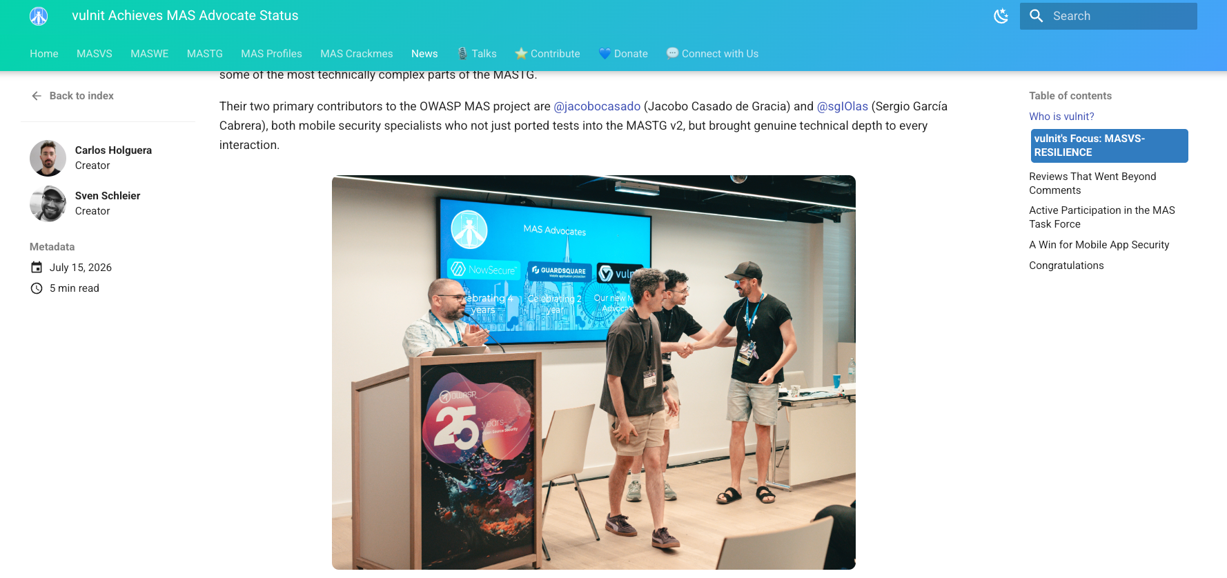 OWASP's announcement of vulnit as a MAS Advocate, mentioning Jacobo Casado and Sergio García.